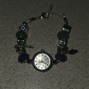 Silver Charm Bracelet Watch with Blue and Green Beads
